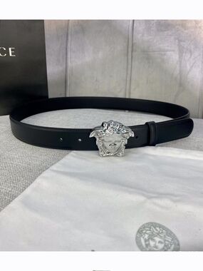 Versace Black Leather Belt with Silver Medusa Buckle